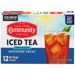 A twelve-count box of Community Iced Tea Southern Sweet K-Cups, shown from the front.