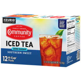 A twelve-count box of Community Iced Tea Southern Sweet K-Cups, rotated a quarter-turn to the left.
