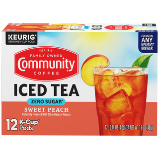 A twelve-count box of Community Iced Tea Sweet Peach K-Cups, shown from the front.