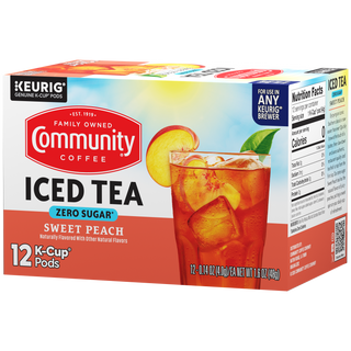 A twelve-count box of Community Iced Tea Sweet Peach K-Cups, rotated a quarter-turn to the left.