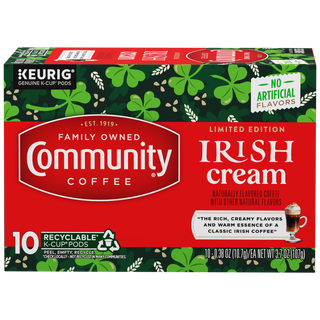 A ten-count box of Community Coffee Irish Cream flavored coffee K-Cups, shown from the front.