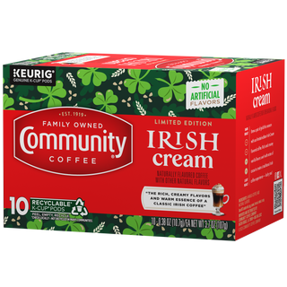 A ten-count box of Community Coffee Irish Cream flavored coffee K-Cups, rotated a quarter-turn to the left.