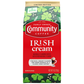 An eleven-ounce bag of ground Community Coffee Irish Cream flavored coffee, shown from the front.