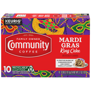 A ten-count box of Community Coffee Mardi Gras King Cake flavored coffee K-Cups, shown from the front.