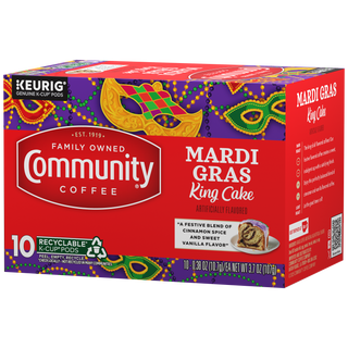 A ten-count box of Community Coffee Mardi Gras King Cake flavored coffee K-Cups, rotated a quarter-turn to the left.