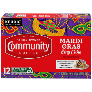 A twelve-count box of Community Coffee Mardi Gras King Cake flavored coffee K-Cups, shown from the front.