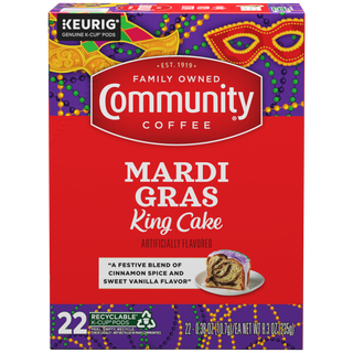 A twenty-two-count box of Community Coffee Mardi Gras King Cake flavored coffee K-Cups, shown from the front.