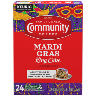 A twenty-four-count box of Community Coffee Mardi Gras King Cake flavored coffee K-Cups, shown from the front.