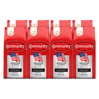 A set of eight ground Community Coffee American Classic medium roast twelve-ounce bags, shown from the front and bundled for the Military Match program.