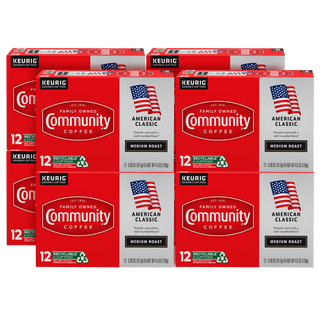 A set of eight Community Coffee American Classic medium roast twelve-count K-Cup boxes, bundled for the Military Match program.