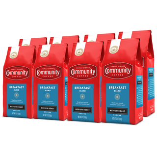 A set of eight ground Community Coffee Breakfast Blend medium roast twelve-ounce bags, rotated a quarter-turn to the left and bundled for the Military Match program.