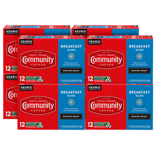 A set of eight Community Coffee Breakfast Blend medium roast twelve-count K-Cup boxes, bundled for the Military Match program.