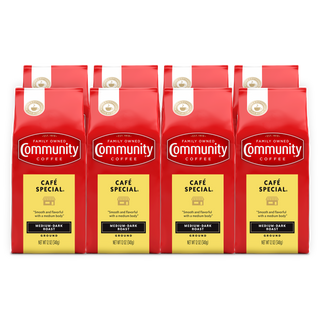 A set of eight ground Community Coffee Café Special medium-dark roast twelve-ounce bags, shown from the front and bundled for the Military Match program.
