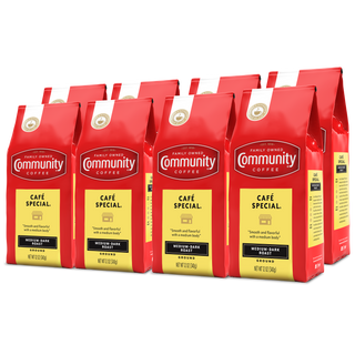 A set of eight ground Community Coffee Café Special medium-dark roast twelve-ounce bags, rotated a quarter-turn to the left and bundled for the Military Match program.