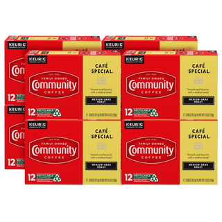 A set of eight Community Coffee Café Special medium-dark roast twelve-count K-Cup boxes, bundled for the Military Match program.