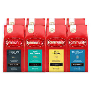 A set of eight ground Community Coffee twelve-ounce bags, including Signature Blend, One-Hundred Percent Colombia, Café Special, and Breakfast Blend, shown from the front and bundled for the Military Match program.