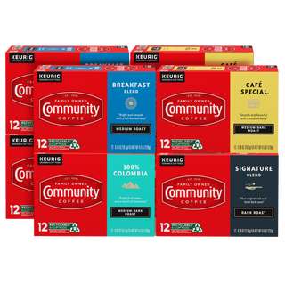 A set of eight Community Coffee twelve-count K-Cup boxes, including Breakfast Blend, Café Special, One-Hundred Percent Colombia, and Signature Blend, bundled for the Military Match program.