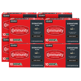 A set of eight Community Coffee Signature Blend dark roast ten-count K-Cup boxes, bundled for the Military Match program.