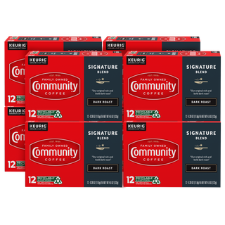 A set of eight Community Coffee Signature Blend dark roast twelve-count K-Cup boxes, bundled for the Military Match program.