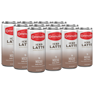 A set of twelve Community Coffee Mocha Delight Iced Latte cans.