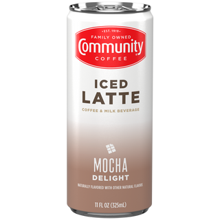 A Community Coffee Mocha Delight Iced Latte can, shown from the front.