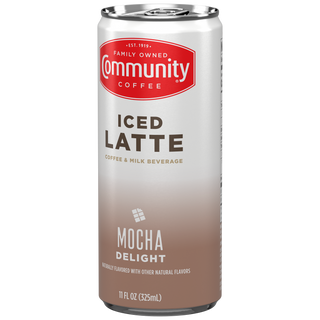 A Community Coffee Mocha Delight Iced Latte can, rotated a quarter-turn to the left.