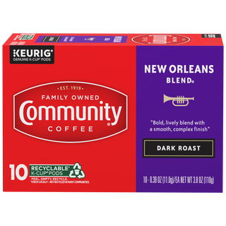 A ten-count box of Community Coffee New Orleans Blend dark roast K-Cups, shown from the front.