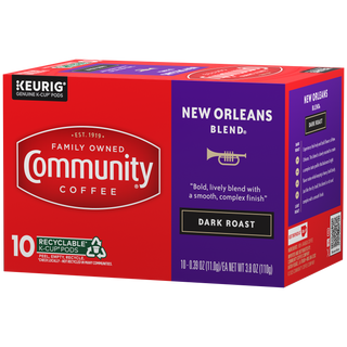 A ten-count box of Community Coffee New Orleans Blend dark roast K-Cups, rotated a quarter-turn to the left.