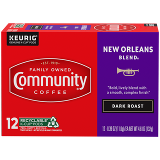 A twelve-count box of Community Coffee New Orleans Blend dark roast K-Cups, shown from the front.