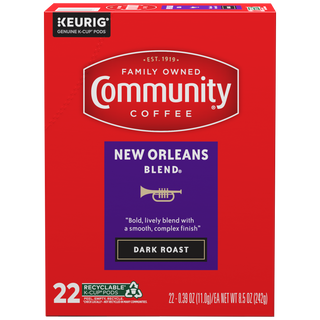 A twenty-two-count box of Community Coffee New Orleans Blend dark roast K-Cups, shown from the front.