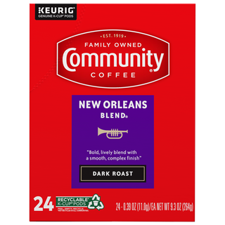 A twenty-four-count box of Community Coffee New Orleans Blend dark roast K-Cups, shown from the front.