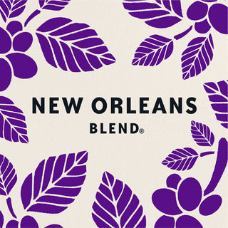 A graphic design reading NEW ORLEANS BLEND, surrounded by illustrations of purple coffee plants on a cream background.
