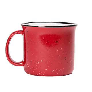 A red, 15-ounce ceramic coffee mug, with the handle facing left.