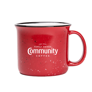 A red, 15-ounce ceramic coffee mug featuring the Community Coffee text logo in white letters, with the handle facing right.