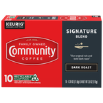 A ten-count box of Community Coffee Signature Blend dark roast K-Cups, shown from the front.