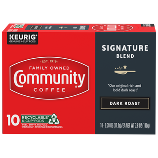 A ten-count box of Community Coffee Signature Blend dark roast K-Cups, shown from the front.
