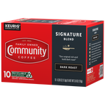 A ten-count box of Community Coffee Signature Blend dark roast K-Cups, rotated a quarter-turn to the left.
