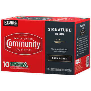 A ten-count box of Community Coffee Signature Blend dark roast K-Cups, rotated a quarter-turn to the left.