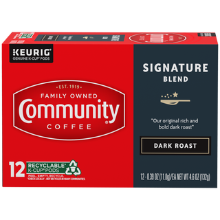 A twelve-count box of Community Coffee Signature Blend dark roast K-Cups, shown from the front.