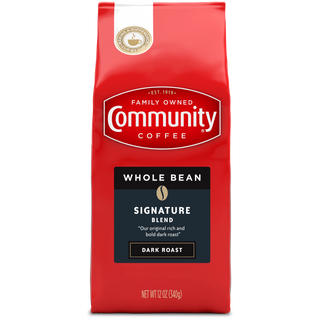 A twelve-ounce bag of whole bean Community Coffee Signature Blend dark roast, shown from the front.