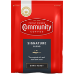 A two-point-five-ounce packet of ground Community Coffee Signature Blend dark roast, shown from the front.