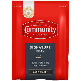 A two-point-five-ounce packet of ground Community Coffee Signature Blend dark roast, shown from the front.