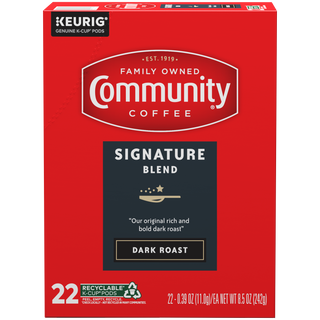 A twenty-two-count box of Community Coffee Signature Blend dark roast K-Cups, shown from the front.
