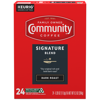 A twenty-four-count box of Community Coffee Signature Blend dark roast K-Cups, shown from the front.