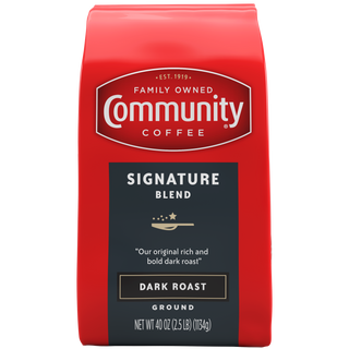 A forty-ounce bag of ground Community Coffee Signature Blend dark roast, shown from the front.
