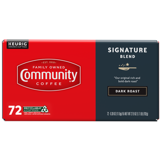 A seventy-two-count box of Community Coffee Signature Blend dark roast K-Cups, shown from the front.