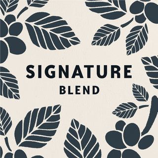 A graphic design reading SIGNATURE BLEND, surrounded by illustrations of dark-teal coffee plants on a cream background.