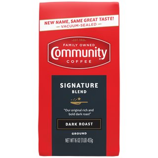 A sixteen-ounce bag of ground, vacuum-sealed Community Coffee Signature Blend dark roast, shown from the front.
