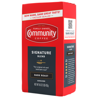 A sixteen-ounce bag of ground, vacuum-sealed Community Coffee Signature Blend dark roast, rotated a quarter-turn to the left.