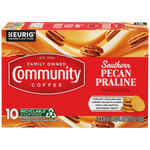 A ten-count box of Community Coffee Southern Pecan Praline flavored coffee K-Cups, shown from the front.